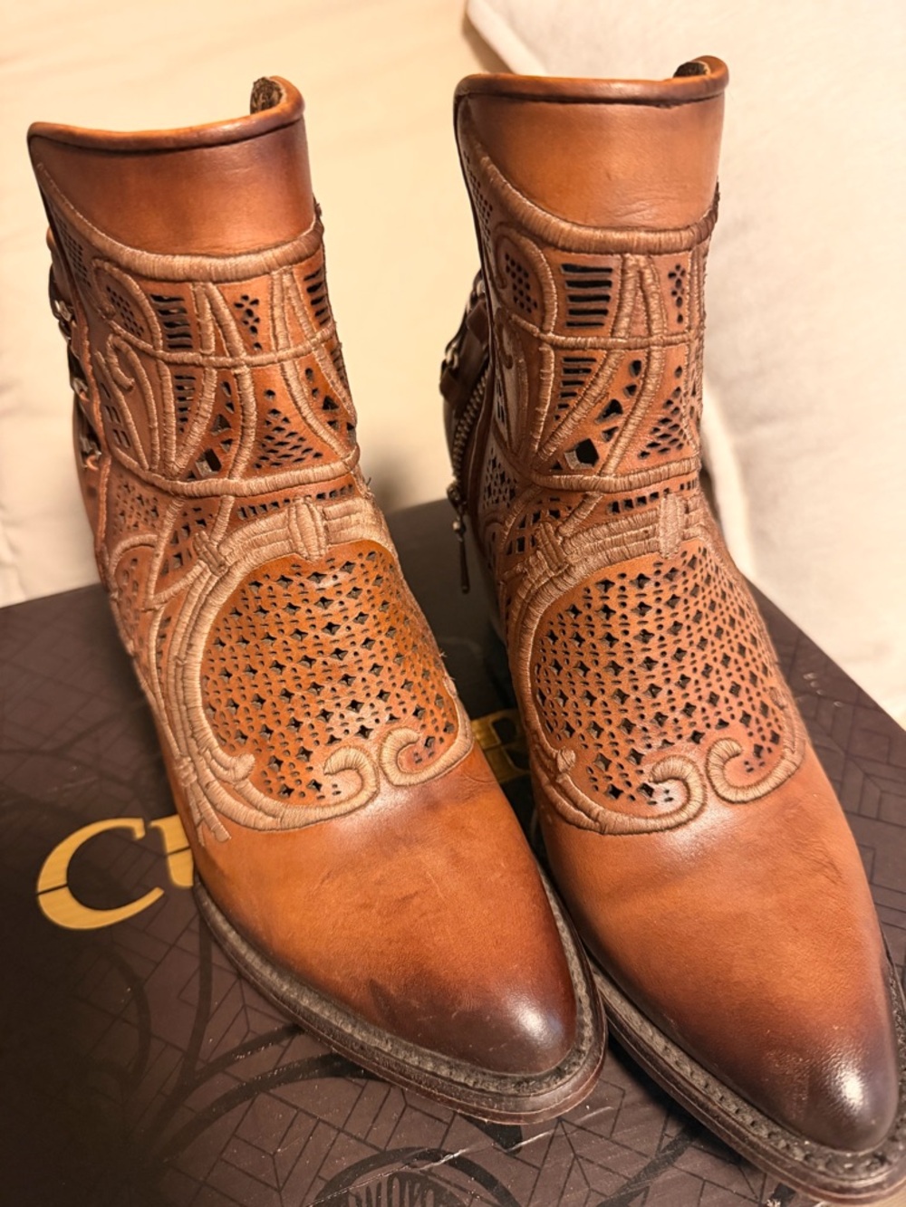 Tan Leather Laser-Cut Ankle Booties with Buckle Detail - Picture 4 of 8